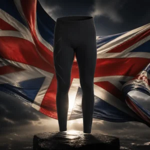 Beverly Heights tennis drills — the black compression tights laid flat and composed together with the flag of the United Kingdom, the Union Flag's red and white crosses on blue filling the frame behind them and pulled taut so the off-centre diagonals read clearly, cool even daylight across the fabric, nobody wearing or holding anything, no lettering anywhere in the picture.