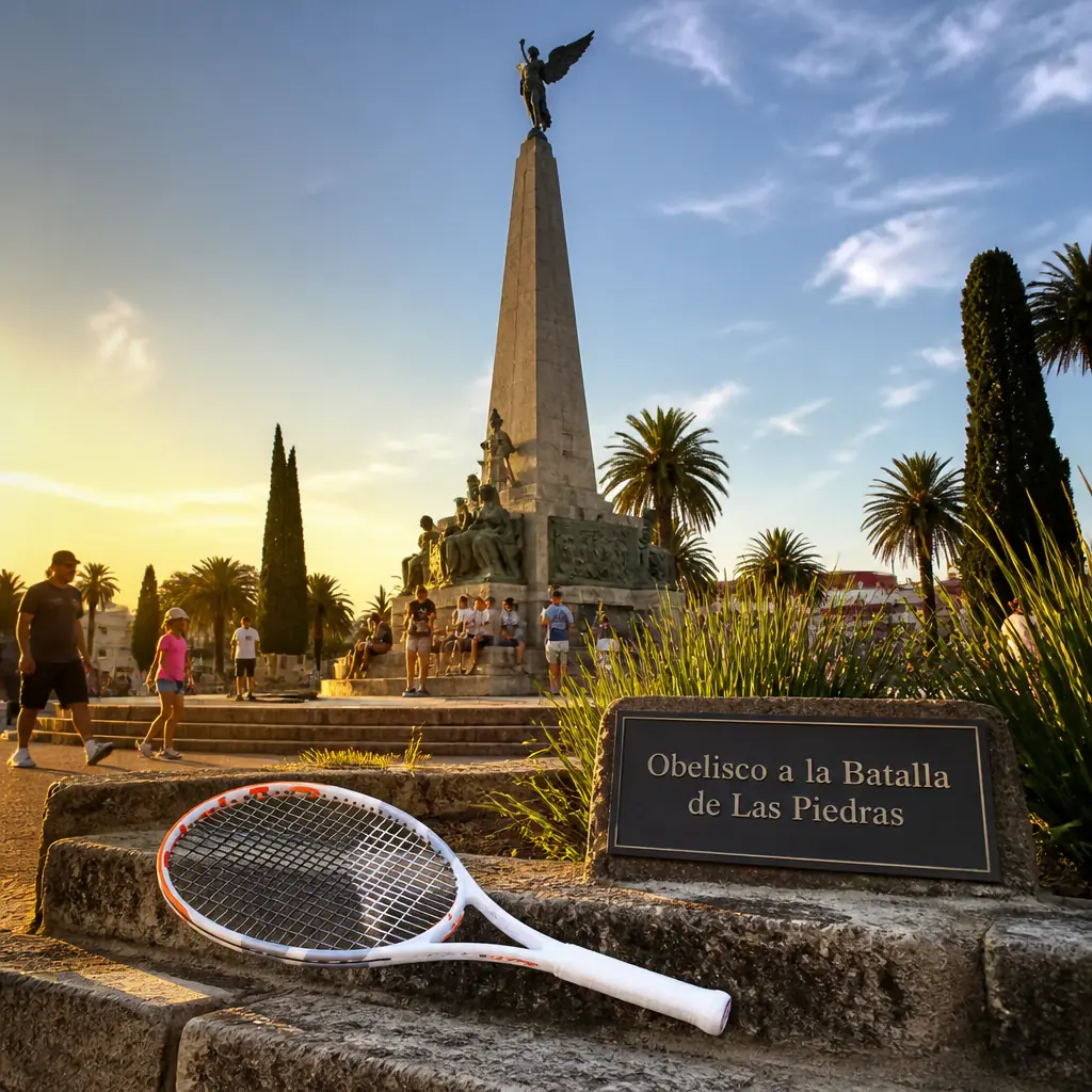 Broward County cardio tennis class — photographed at the Obelisco in Parque Artigas, Las Piedras, Uruguay. The tall stone shaft rising from bronze relief work at its base, mature trees and broad park paths around it, a school ceremony assembled on the grass with flags and a band, families spread on picnic blankets behind, bright hard sun and short shadows.