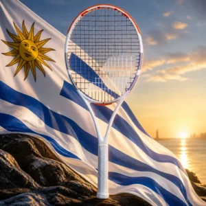 Broward County cardio tennis class — the racquet composed by the model with the flag of Uruguay, the nine alternating white and blue horizontal stripes and the white canton carrying the golden Sun of May filling the frame around the frame, photoreal studio light, no lettering anywhere in the picture.