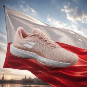 Broward County cardio tennis classes — the Babolat Jet Tere 2 Clay Court Women's Shoes and the flag of Poland combined by the model into a single photoreal composition. The plain horizontal bicolour of white above red fills the frame, the cloth lit from one side so the fold shadows do the work in the absence of any emblem, and the pair of shoes is composed into the arrangement so the white upper sits against the white band and the sole breaks the line into the red, with no lettering anywhere in the picture.