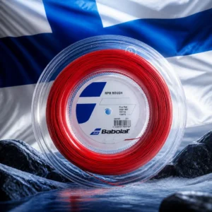 Broward County cardiovascular tennis clinics — the Babolat RPM Blast Rough 16g Tennis String Reel and the national flag of Finland, the country of Lappeenranta, composed by the model into a single photoreal still life. The blue Nordic cross on white, its arms set off-centre toward the hoist, hangs taut behind the standing 200-metre reel of black octagonal string, cool even northern light, no people and no lettering.