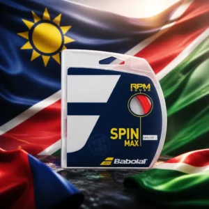 Broward County tennis class — the Babolat RPM Blast Rough 16g Tennis String Set and the national flag of Namibia, the country of Katima Mulilo, composed by the model into a single photoreal still life. The white-edged red diagonal band, the blue upper triangle with its twelve-rayed golden sun and the green lower triangle fill the frame as taut fabric behind the coiled black octagonal string and its packet, clean hard light, no people and no lettering.