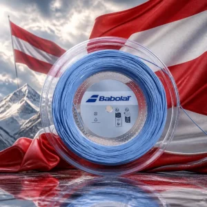 cardio camp Fort Lauderdale — the reel composed by the model together with the flag of Austria, the red-white-red horizontal triband filling the frame behind the blue polyamide multifilament wound on its spool, photoreal studio light, no lettering anywhere in the picture.