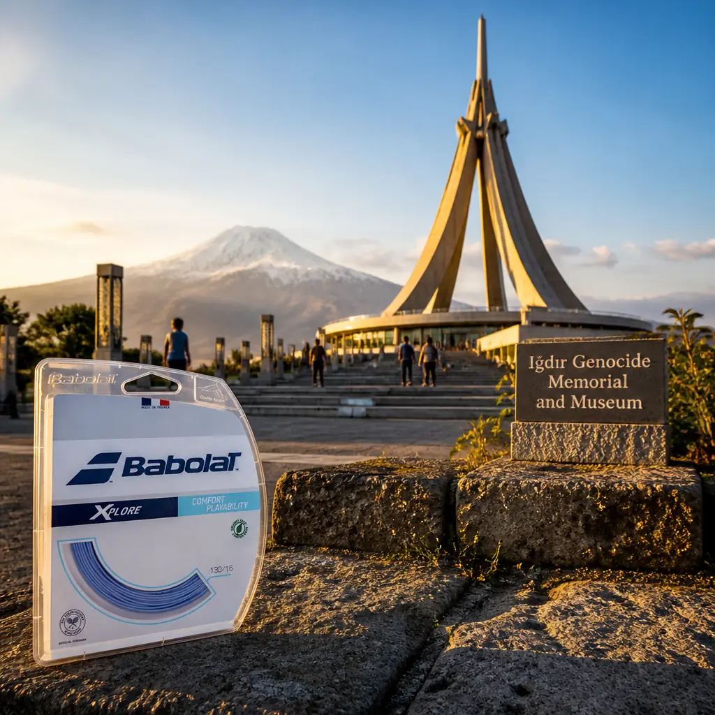 cardio camp — the Babolat Xplore 16g Tennis String Set photographed with Mount Ararat above the Iğdır plain in Iğdır, Turkey. An enormous isolated snow-capped volcanic cone rising straight out of flat brown ground with a smaller second cone on its shoulder and no foothills in front of it. Camera near ground level looking up across a worn stone irrigation channel step, early morning raking light with the summit catching first sun while the plain is still blue: farm workers moving down the rows of an apricot orchard with baskets, a flock of sheep crossing the track behind a herder, a pickup bouncing along the field edge trailing dust. The string set lies on the stone step in the near foreground, nobody holding or using it.