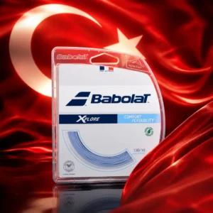 cardio camp — the Babolat Xplore 16g Tennis String Set and the flag of Turkey combined by the model into a single photoreal composition. The red field fills the frame with the white crescent and five-pointed white star toward the hoist, the cloth lit from one side so a single strong fold runs through the field, and the blue string set is composed into the arrangement so its coil sits inside the arc of the crescent, with no lettering anywhere in the picture.