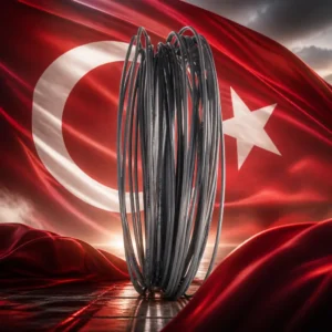 cardio camps — the Babolat Xplore 17g Tennis String Set and the flag of Turkey combined by the model into a single photoreal composition. The red field fills the frame with the white crescent and five-pointed white star toward the hoist, the cloth hung so it takes a slow curve like a filled sail with the light coming across it, and the blue string set is composed into the arrangement so the fine coil of string runs along the inner edge of the crescent, with no lettering anywhere in the picture.