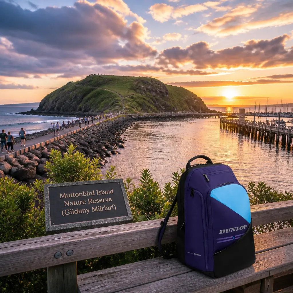 cardio classes Fort Lauderdale — the Dunlop FX Performance Tennis Backpack photographed on the Coffs Harbour Jetty at Coffs Harbour, Australia. A long straight timber deck on close-set piles running out into the sea from Jetty Beach, weathered grey boards and rails the whole length, the breakwall and Muttonbird Island beyond. Humid summer dusk, the sky going pink and violet behind the hills and the first lights coming on along the deck: anglers spaced along the rails with rods out and a bucket between them, one of them netting a fish over the side, a couple walking the length arm in arm, teenagers on bikes, a pelican settling on a pile. The backpack sits against a timber upright in the foreground, ignored by everybody.