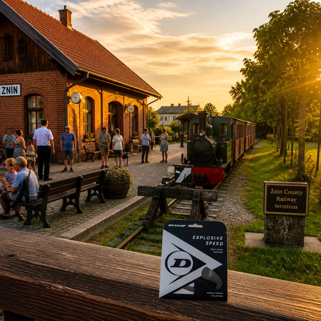 cardio classes — a wide elevated view over the castle ruins at Wenecja near Żnin, Poland, low broken stone and brick walls standing in cut grass between two lakes, with a row of retired narrow-gauge locomotives and rolling stock lined up on tracks along one side. Blue hour on a still evening in late June, camera high on the ruin looking down: visitors walking the top of the wall in single file, a man photographing his children against a green tank engine, a couple sitting on the grass with a thermos, mist beginning to lift off the water behind. The string set sits small on the parapet in the near foreground, the ruin and the engines filling the rest of the frame.