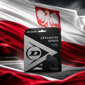 cardio classes — the coiled black co-polyester set composed together with the flag of Poland, the white-over-red horizontal bicolour hung full-frame behind it and lifting on a slow wind so a single soft fold crosses both bands, low warm side light picking out the coil against the white field, no lettering anywhere in the picture.