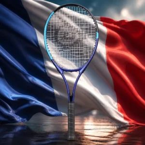 cardio clinic Fort Lauderdale — the Dunlop FX Start 100 Tennis Racquet composed together with the national flag of France in a single photoreal studio image, the blue and black frame set against the vertical blue, white and red bands of the tricolour under clean directional light.