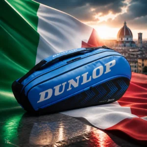 cardio clinic — the Dunlop FX Performance Tennis Bag (3 Racquet) and the flag of Italy combined by the model into a single photoreal composition. The vertical green, white and red tricolour fills the frame, hung and lifted from one side so the folds break the three bands into shifting widths and the weave catches the raking light, and the black and blue bag is composed into the arrangement so that its moulded flank and the white centre band read as one object, with no lettering anywhere in the picture.