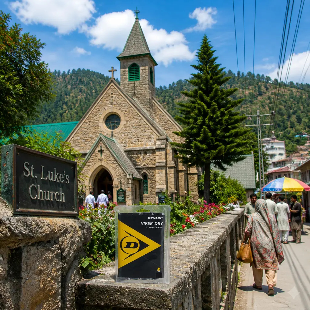 cardio clinics — St. Luke's Church in Abbottabad, A modest colonial-era stone church with a small steeple, standing on Jinnah Road in Abbottabad against a backdrop of pine-covered hills