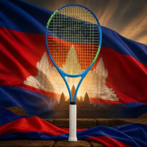 cardio tennis 33009 — the Head Ti. Conquest Tennis Racquet and the flag of Cambodia combined by the model into a single photoreal composition. The blue, red and blue horizontal bands fill the frame with the red band twice the depth of the others and the white three-towered silhouette of Angkor Wat centred on it, the cloth lit from one side so the towers stay crisp against the fold shadows, and the racquet is composed into the arrangement so the oval of its head frames the central tower, with no lettering anywhere in the picture.