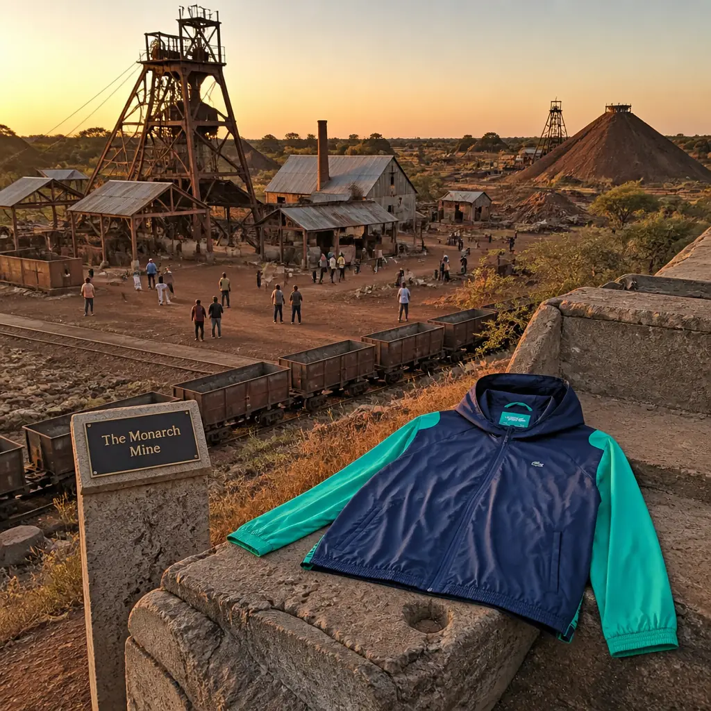 cardio tennis 33020 — The Monarch Mine in Francistown, The workings of an old gold mine on the outskirts of Francistown — headgear remains, shaft collars, tailings heaps and the scattered foundations of mine buildings on open ground of red soil and thorn scrub, with the railway line running nearby