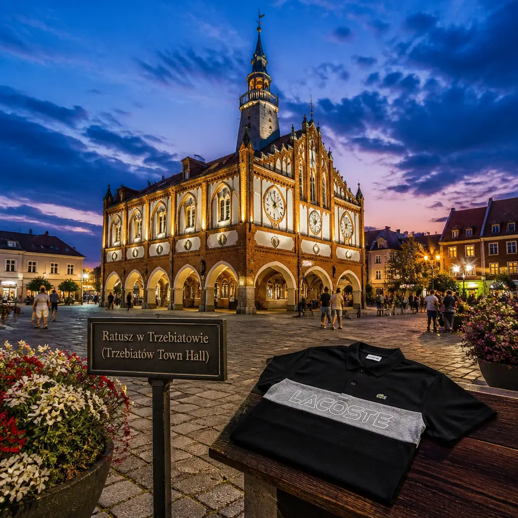 cardio tennis 33301 — Ratusz w Trzebiatowie (Trzebiatów Town Hall) in Trzebiatów, A free-standing town hall in the middle of the Old Town market square, with Gothic arcades along its ground floor forming a covered walkway, and a slim clock tower rising from the roof. Because it sits detached in the centre of the square, the market square wraps completely around it