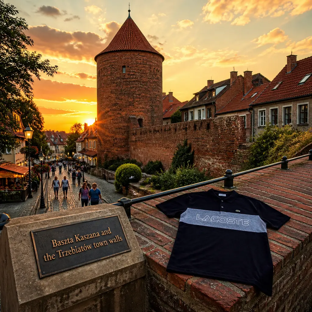 cardio tennis 33301 — Baszta Kaszana and the Trzebiatów town walls in Trzebiatów, A round brick defensive tower on Wąska Street, standing directly on the line of the surviving medieval town wall, which runs on from it as a continuous brick rampart behind the houses along Wąska, Kręta, Kozia and Łukowa streets. The tower is solid and windowless for most of its height, with only narrow openings