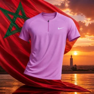 cardio tennis 33305 — the Nike Court Slam Men's Tennis Polo and the flag of Morocco combined by the model into a single photoreal composition. The deep red field fills the frame with the open green five-pointed interlaced star centred on it, drawn as five continuous branches rather than a solid shape, the cloth lit from one side so the interlacing stays readable through the folds, and the polo is composed into the arrangement so its collar line runs against the lower points of the star, with no lettering anywhere in the picture.