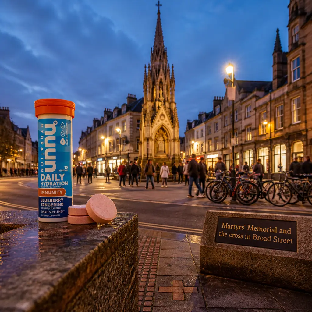 cardio tennis 33309 — Martyrs' Memorial and the cross in Broad Street in Oxford, Gothic spired stone monument at the junction of St Giles and Magdalen Street, and a small stone cross set into the road surface in Broad Street