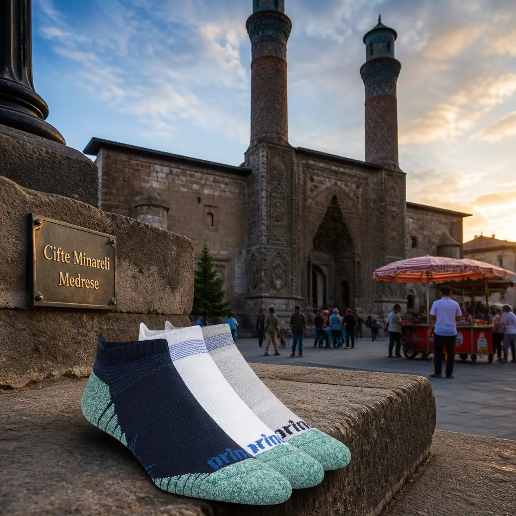 cardio tennis 33314 — the Prince Performance Tennis Socks 3-Pack photographed at the Çifte Minareli Medrese in Erzurum, Turkey. A wide low view of the carved stone portal and its twin turquoise-banded brick minarets against a hard blue sky in bright, dry late-summer light, heat shimmer off the paving. A school party is being counted through the gateway two at a time, a man sells simit from a red glass cart at the corner, an older man leans on a stick reading the carving, and pigeons come up off the courtyard as a group passes. The three-pack of socks rests on a stone step at the foot of the portal, faintly glowing, untouched.