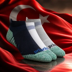 cardio tennis 33314 — the Prince Performance Tennis Socks 3-Pack composed together with the national flag of Turkey in a single photoreal studio image, the folded three-pack set against the red field with the white crescent and star curving behind it under a clean directional light.