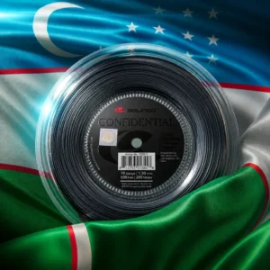 cardio tennis 33315 — the Solinco Confidential 16g Tennis String Reel and the national flag of Uzbekistan, the country of Namangan, composed into a single image.