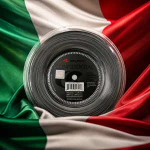 cardio tennis 33317 — the silver four-sided co-polyester reel composed by the model with the flag of Italy, the green, white and red vertical bands filling the frame around it, photoreal studio light, no lettering anywhere in the picture.