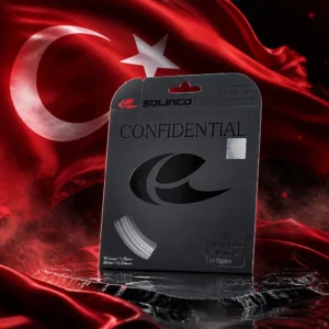 cardio tennis 33319 — the Solinco Confidential 16L Tennis String Set and the national flag of Turkey, the country of Çeşme, composed into a single image.