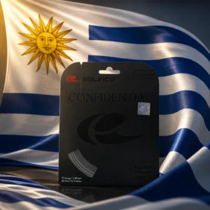 cardio tennis 33322 — the Solinco Confidential 17g Tennis String Set and the national flag of Uruguay, the country of Punta del Este, composed into a single image.