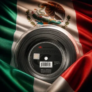 cardio tennis 33323 — the Solinco Confidential 18g Tennis String Reel and the national flag of Mexico, the country of Tapachula de Cordova y Ordonez, composed into a single image.
