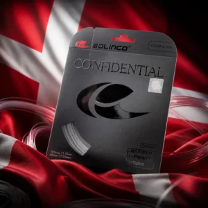 cardio tennis 33324 — the Solinco Confidential 18g Tennis String Set and the national flag of Denmark, the country of Frederikshavn, composed into a single image.
