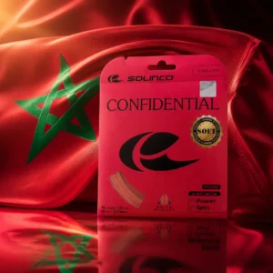 cardio tennis 33326 — the Solinco Confidential Soft 16g Tennis String Set and the national flag of Morocco, the country of Taroudant, composed into a single image.