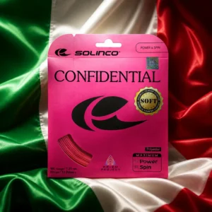 cardio tennis 33334 — the string set composed with the flag of Italy, the green, white and red vertical bands hanging in warm evening light behind the coiled string
