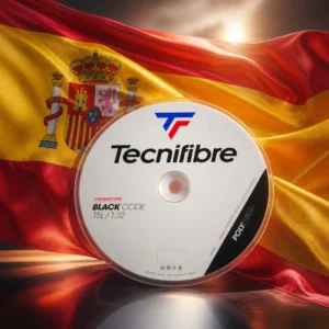 cardio tennis class Davie — the Tecnifibre Black Code 15L Tennis String Reel composed together with the national flag of Spain in a single photoreal studio image, the black spool set against the red-yellow-red bands with the broad yellow centre stripe filling the frame behind it and catching a warm raking light.