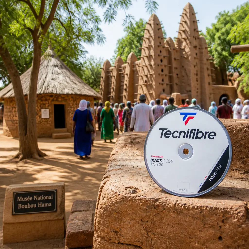 cardio tennis class Edgewood — photographed in the grounds of the Musée National Boubou Hama in the Plateau quarter of Niamey, Niger. Reconstructed Fulani and Hausa dwellings on swept ground under shade trees, craftsmen hammering silver at open-air workshop stalls, families picnicking on the lawns and schoolchildren queuing at the mausoleum of the Arbre du Ténéré, dappled green light in the middle of the morning.