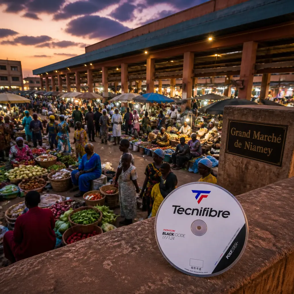 cardio tennis class Edgewood — photographed in the Grand Marché de Niamey in Niger. Aisles between metal stalls and shopfronts stacked with enamel bowls, dried fish, indigo cloth and sacks of millet, porters shouldering loads through the crowd, traders weighing and calling, taxis and buses jammed at the rank alongside, hot flat light falling through gaps in the corrugated roofing.