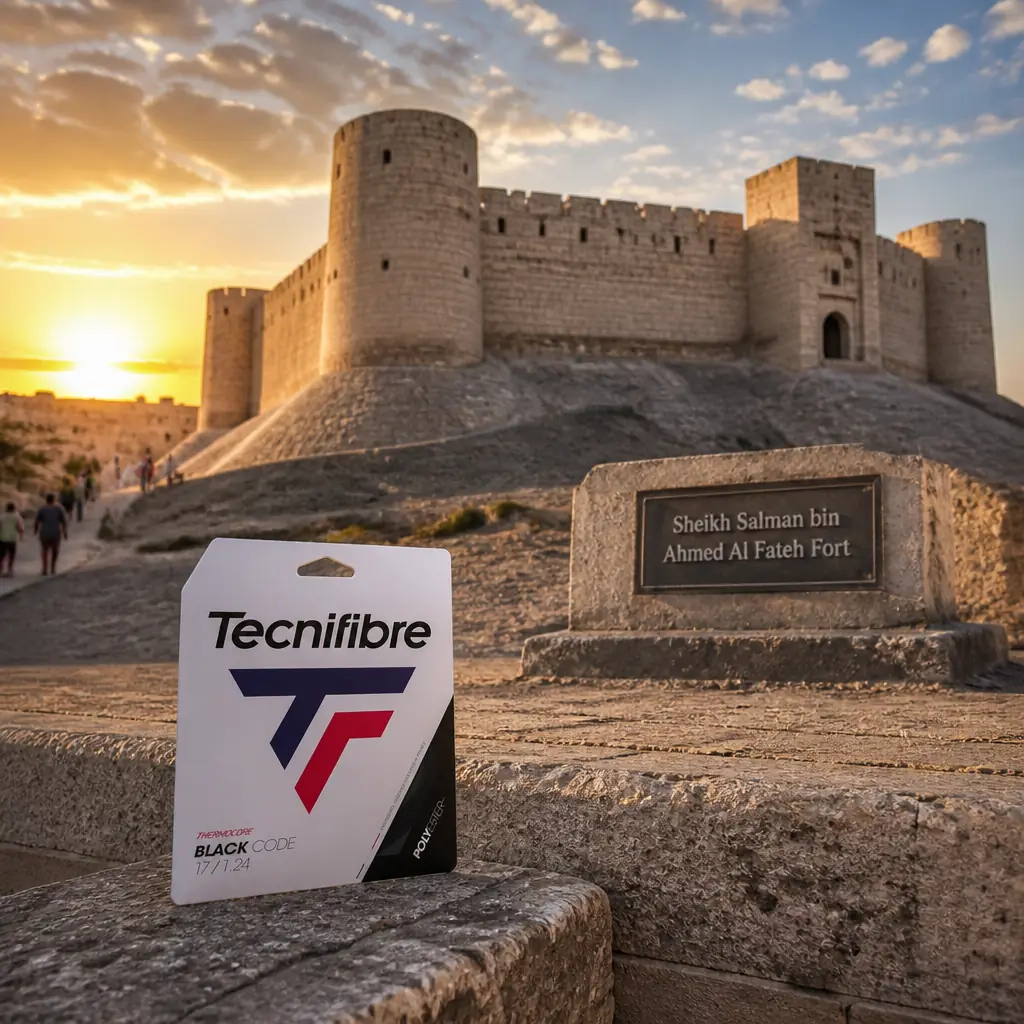 cardio tennis class Flagler Village — the black string set photographed in the courtyard of Sheikh Salman bin Ahmed Al Fateh Fort in Riffa, Bahrain, a thick-walled pale fort with square corner towers and crenellations standing on the cliff edge above the dry valley. Cold clear first light in January, camera low near the ground looking up the wall: a caretaker unbolting the studded main gate, a school group filing in two by two with a teacher counting heads, an old man on the ramparts pointing across the wadi for a small boy, swifts going out from the tower. The set rests close in the near foreground on a worn stone step at the foot of the wall, untouched by anyone.