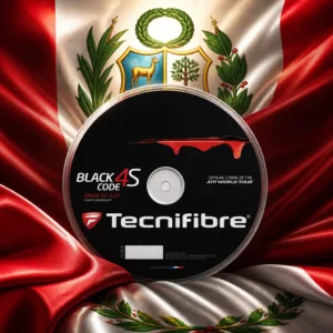 cardio tennis class Fort Lauderdale Beach — the Tecnifibre Black Code 4S 16g Tennis String Reel composed together with the national flag of Peru in a single photoreal studio image, the black spool set against the vertical red, white and red bands of the flag under a low warm directional light.