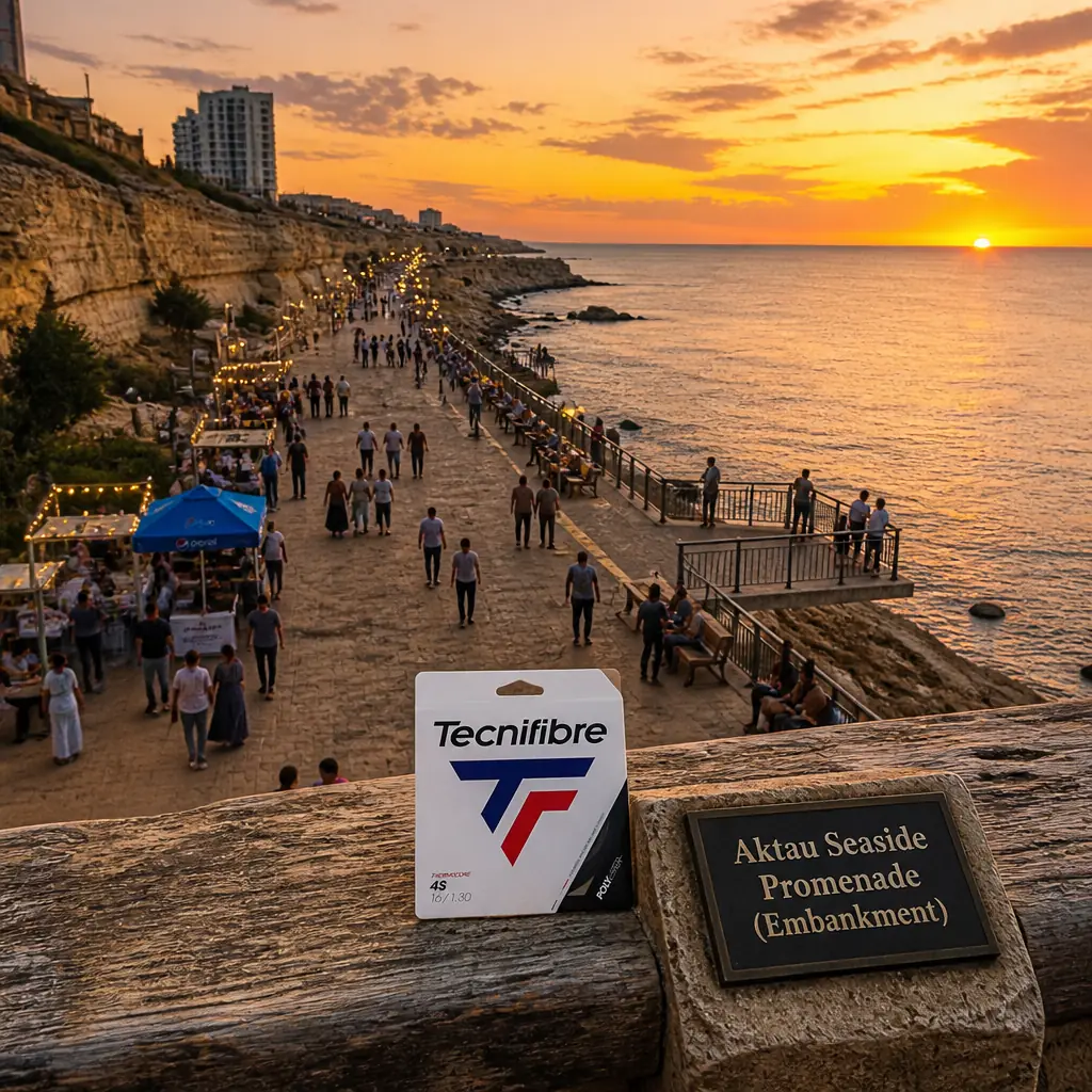 cardio tennis class Galt Ocean Mile — the Tecnifibre Black Code 4S 16g Tennis String Set photographed on the Caspian seafront promenade in Aktau, Kazakhstan. A long wide view down the rocky limestone shore trail after dark, timber handrails and ranks of benches running away into the distance, coloured lamps throwing bands of pink and blue across the ledges, the black Caspian moving below. The whole city is out for the evening — couples walking arm in arm, a group of young men filming each other on the rocks, a family eating ice cream on a bench, a jogger going through, a fisherman lifting a rod off the ledge. The string set sits on a timber rail post, glowing quietly among the coloured lights.