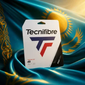cardio tennis class Galt Ocean Mile — the Tecnifibre Black Code 4S 16g Tennis String Set composed together with the national flag of Kazakhstan in a single photoreal studio image, the black coiled set laid against the sky-blue field with the gold sun, the steppe eagle beneath it and the gold ornamental band running down the hoist.