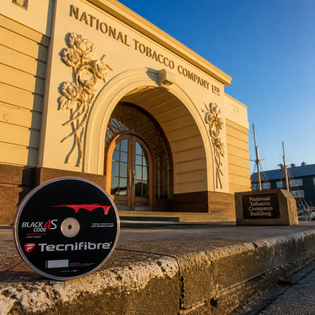 cardio tennis class Harbor Beach — the reel resting on a worn stone step below the Daily Telegraph Building in Napier's Art Deco quarter in low morning light, a walking tour assembling in period dress and a shopkeeper cranking out an awning
