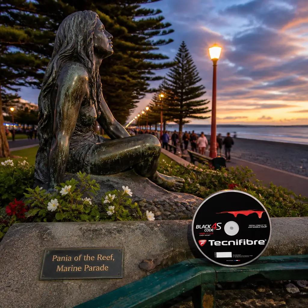 cardio tennis class Harbor Beach — close intimate frame of the reel on a wet café table outside the National Tobacco Company Building in Ahuriri after dark, the moulded rose arch lit from below and a wine crowd spilling out of the bars along the quay