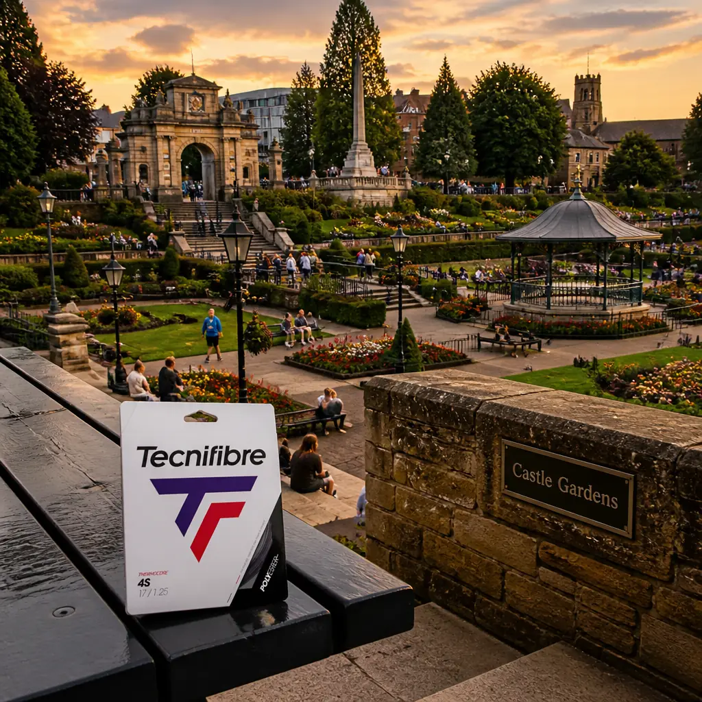cardio tennis class Imperial Point — the Tecnifibre Black Code 4S 17g Tennis String Set photographed at the Irish Linen Centre and Lisburn Museum, Market Square in Lisburn, United Kingdom. A wide morning view across Market Square, the long stone market-house frontage on one side, the war memorial on the paving, low early sun throwing long shadows across the setts. Market traders are still setting up — one man snapping the legs out of a trestle, a woman stacking crates of vegetables, a van reversing with its doors open, two women in the queue at a bread stall with the shutters just going up. The string set rests on the corner of a trestle table, faintly glowing.