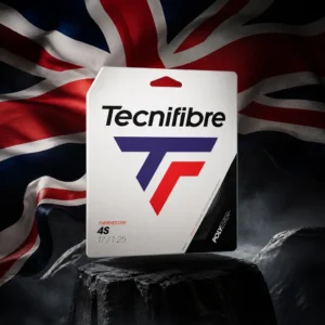 cardio tennis class Imperial Point — the Tecnifibre Black Code 4S 17g Tennis String Set composed together with the national flag of the United Kingdom in a single photoreal studio image, the black coiled set laid across the Union Flag with the crossed red and white saltires and the red cross of St George running behind it under a clean directional light.