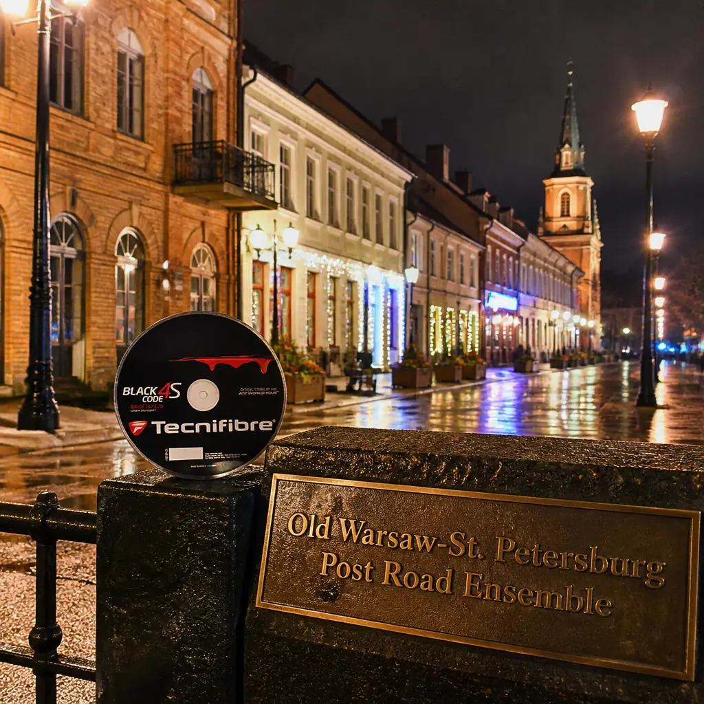 cardio tennis class in Fort Lauderdale — the Tecnifibre Black Code 4S 18g Tennis String Reel photographed in the historic centre of Kalvarija, Lithuania. A wide early-morning view across the open market square where the radial streets converge, low nineteenth-century brick and rendered frontages around it, warm summer sun just clearing the roofs and long shadows across the paving. The weekly market is going up — a man snapping open a striped awning, a farmer setting out crates of new potatoes and dill, a woman weighing berries into a paper cone for a customer, an old couple pushing a bicycle between the stalls. The reel sits on the corner of a trestle table, glowing quietly.