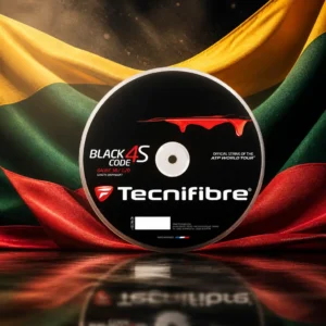 cardio tennis class in Fort Lauderdale — the Tecnifibre Black Code 4S 18g Tennis String Reel composed together with the national flag of Lithuania in a single photoreal studio image, the black spool set against the horizontal yellow, green and red bands of the flag under soft directional light.