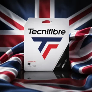 cardio tennis class Lake Ridge — the Tecnifibre Black Code 4S 18g Tennis String Set composed together with the national flag of the United Kingdom in a single photoreal studio image, the fine black coiled set set against the Union Flag with the red cross of St George and the counterchanged red and white saltires filling the frame behind it.
