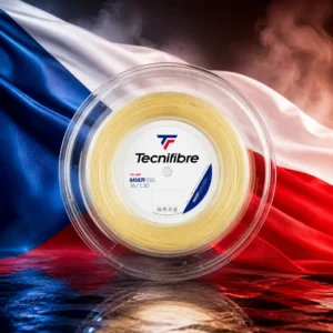 cardio tennis class Las Olas — the natural-coloured multifilament reel composed by the model with the flag of the Czech Republic, the white-over-red bands and the blue hoist triangle reaching to the midpoint filling the frame around it, photoreal studio light, no lettering anywhere in the picture.