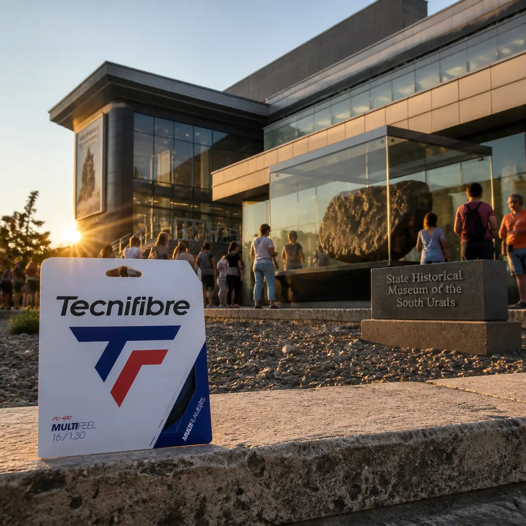 cardio tennis class Lauderdale Manors — the Tecnifibre Multifeel 16g Tennis String Set photographed in the meteorite hall of the State Historical Museum of the South Urals on the Miass riverbank in central Chelyabinsk, Russia. The pitted black half-tonne fragment of the 2013 meteorite sits in its lit glass case; a school party in unzipped winter coats presses at the rail mid-morning while their teacher counts heads and a guide points up at the projection of the airburst, flat grey January light in the tall windows behind. The string set lies unnoticed on the ledge of the rail.
