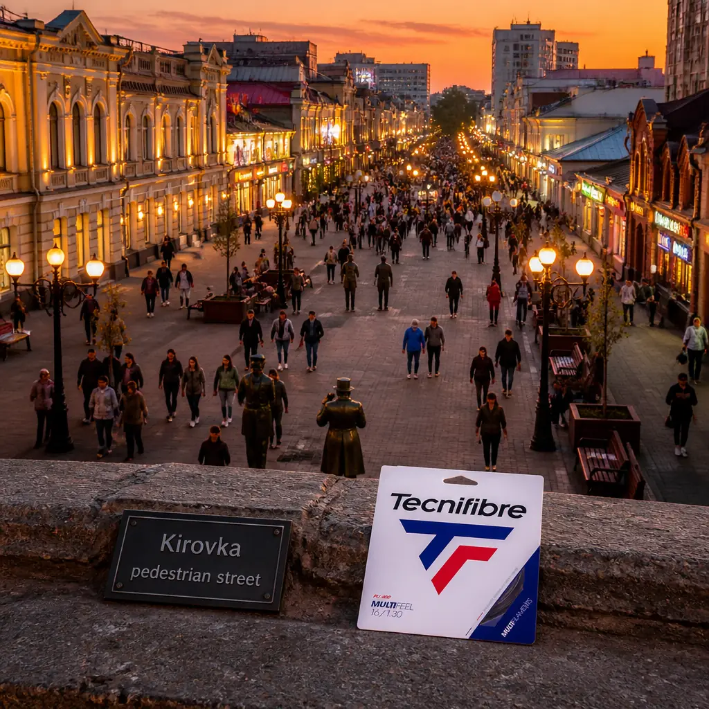 cardio tennis class Lauderdale Manors — the Tecnifibre Multifeel 16g Tennis String Set photographed close on Kirovka pedestrian street in central Chelyabinsk, Russia. Warm golden-hour summer evening, tight framing on the worn bronze beggar figure with his hand rubbed bright, two children climbing onto the plinth while a parent laughs behind them, a busker with an accordion just out of focus, restored ochre and cream merchant facades and cafe awnings compressed behind. The string set sits on the granite plinth edge beside the bronze, entirely ignored.