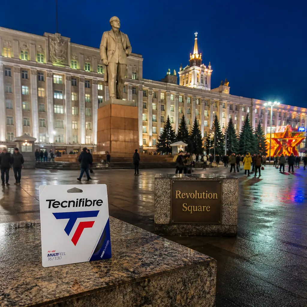 cardio tennis class Lauderdale Manors — the Tecnifibre Multifeel 16g Tennis String Set photographed on Revolution Square in central Chelyabinsk, Russia. Night, heavy snow falling through the floodlights on the bronze Lenin monument on its granite plinth; a municipal loader with its blade down works the far side of the square, people cut diagonally across the drifts with hoods up, a tram passes behind throwing light on the monumental civic facades, everything blue-black except the sodium pools. The string set sits on a cleared bench arm in the foreground under a dusting of snow.